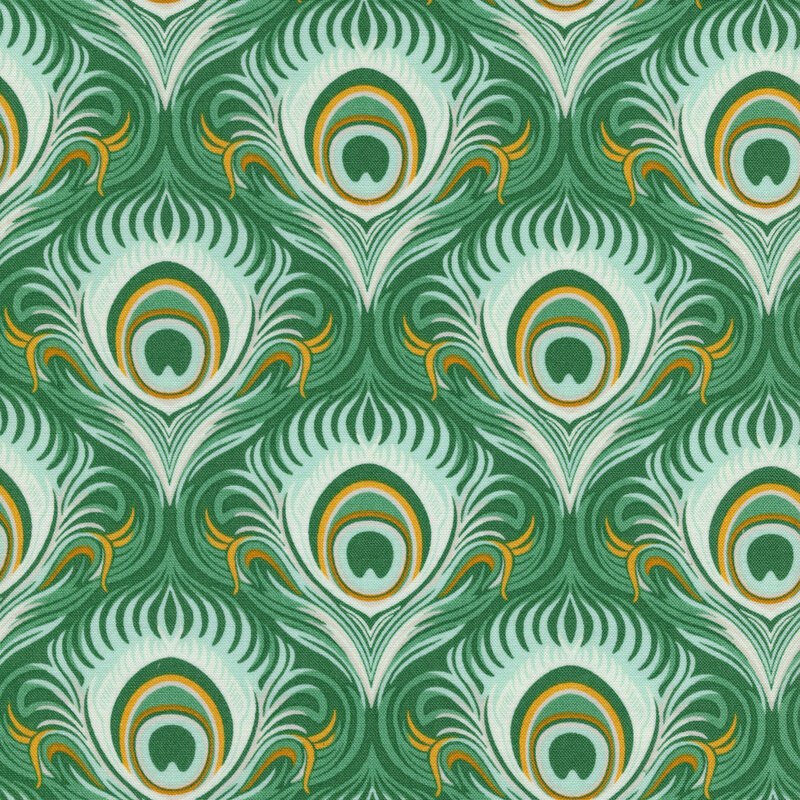 deep green fabric featuring damash style peacock feathers in shades of green, cream, brown, and golden yellow