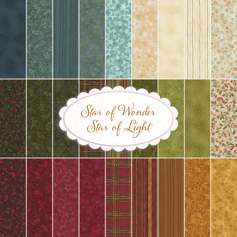 Collage of blue, red, and green fabrics included in the Star of Wonder - Star of Light collection.
