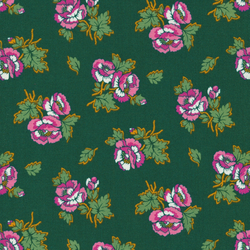 pine green fabric featuring scattered pink and magenta flowers with green leaves and yellow ochre accenting