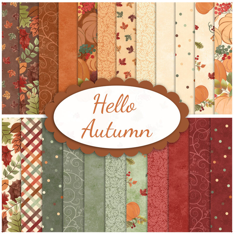 Collage of fabrics in hello autumn in shades of cream, orange, red and green