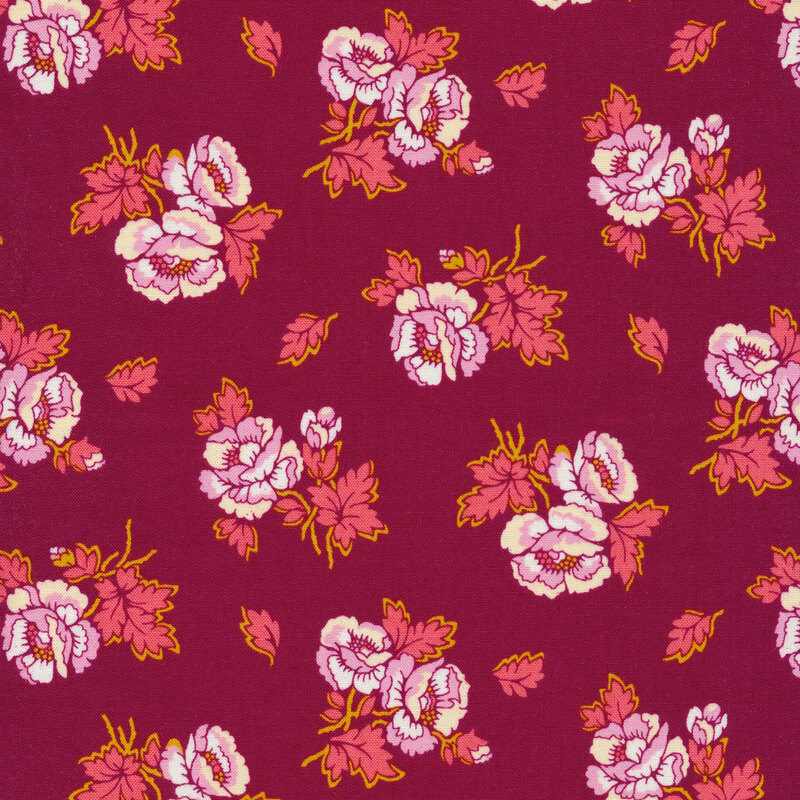plum purple fabric featuring scattered pink and cream flowers with red leaves and yellow ochre accenting