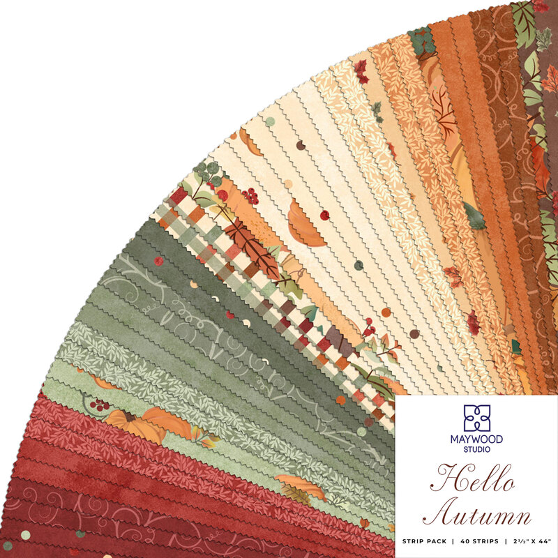 collage of fabrics in the hello autumn jelly roll in shades of cream, orange, red and green