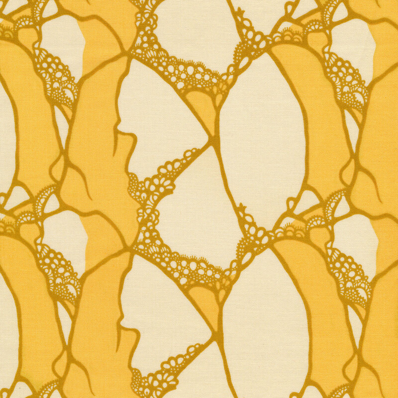 vivid yellow fabric featuring abstract yellow mustard vines with lace detailing