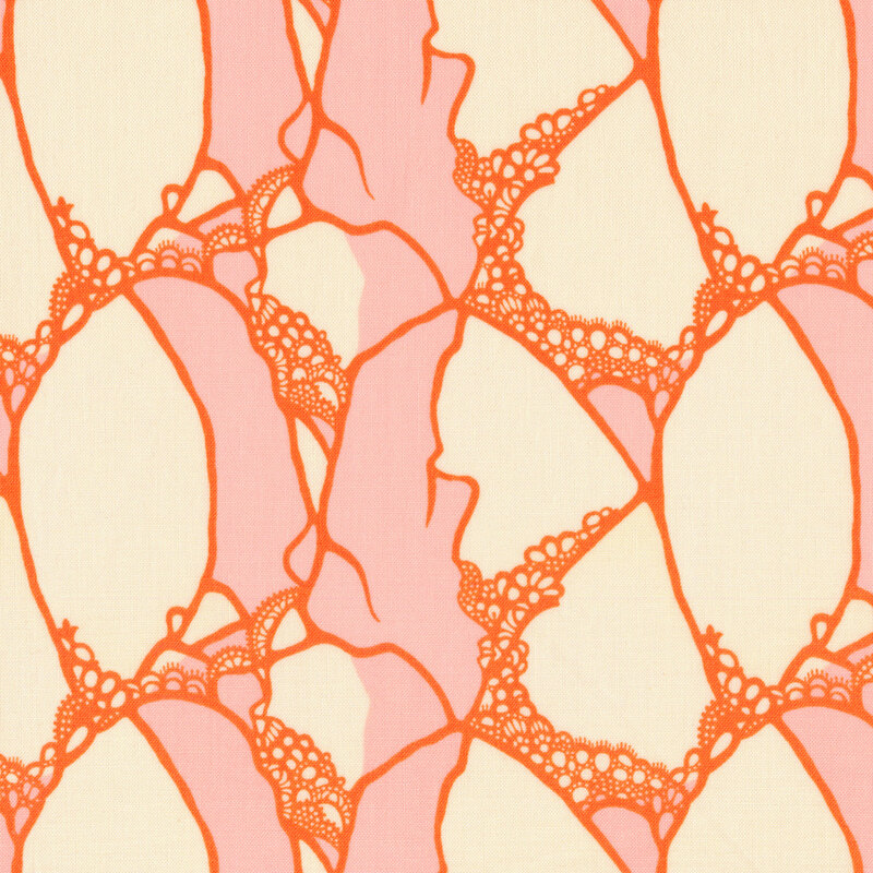 cream and blush fabric featuring abstract orange vines with lace detailing