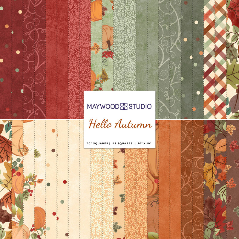 collage of fabrics in hello autumn layer cake in shades of cream, orange, red and green