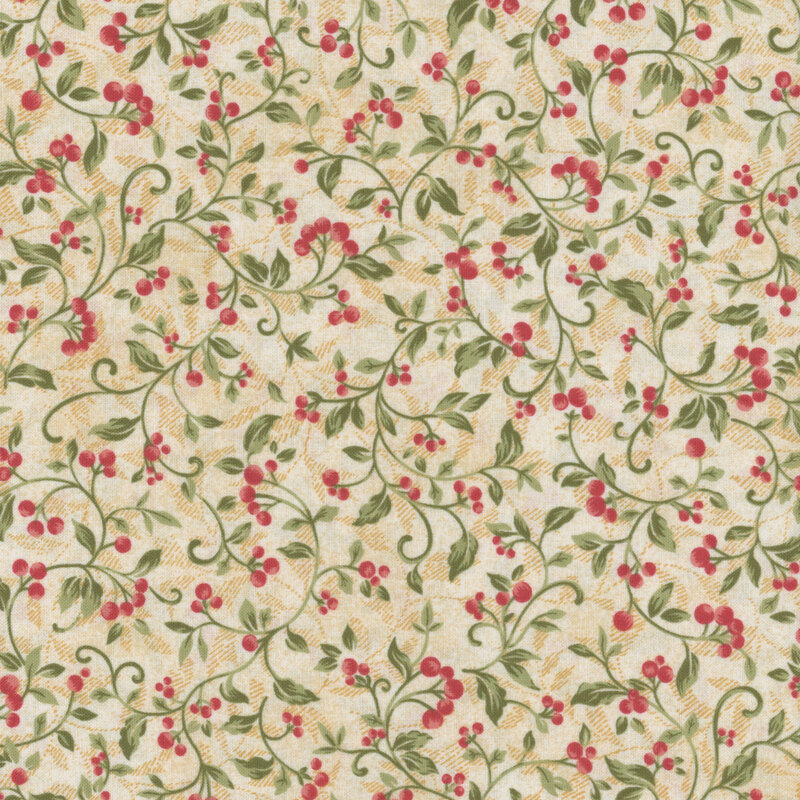 Gold cream fabric with swirly vines with red berries.