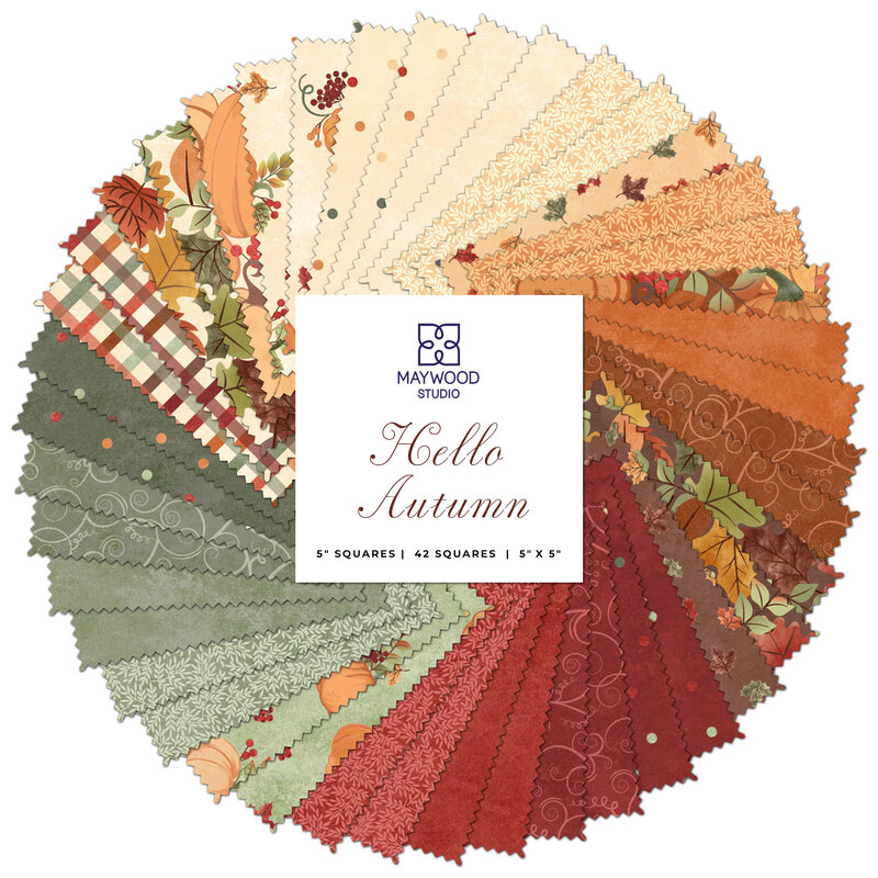 collage of fabrics in the hello autumn charm pack in shades of cream, orange, red and green
