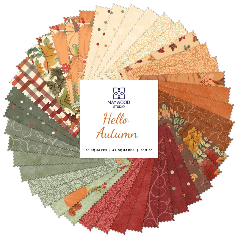 collage of fabrics in the hello autumn charm pack in shades of cream, orange, red and green
