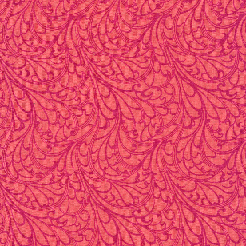 pink fabric featuring packed together filigree detailing in magenta
