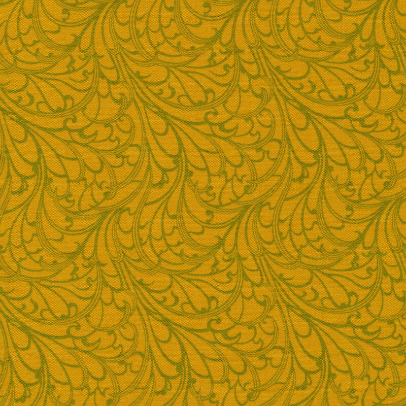 mustard yellow fabric featuring packed together filigree detailing in green