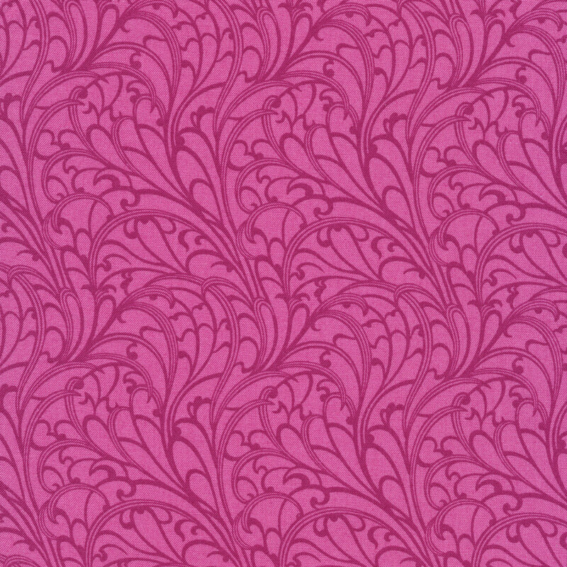 vivid magenta fabric featuring packed together filigree detailing in plum purple