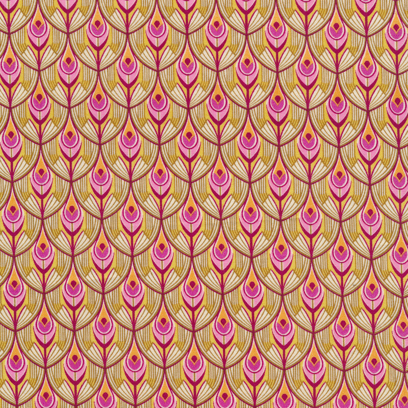 funky fabric featuring a scalloped peacock feather design in chartreuse, pink, purple, and yellow ochre