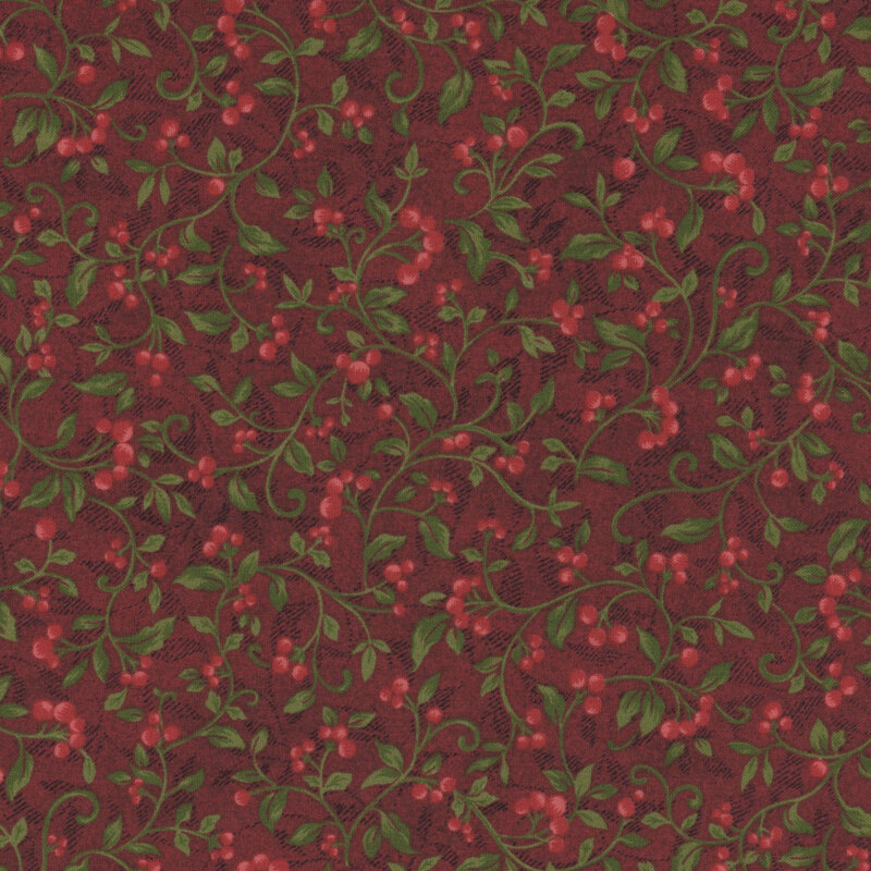 Red fabric with swirly vines with red berries.