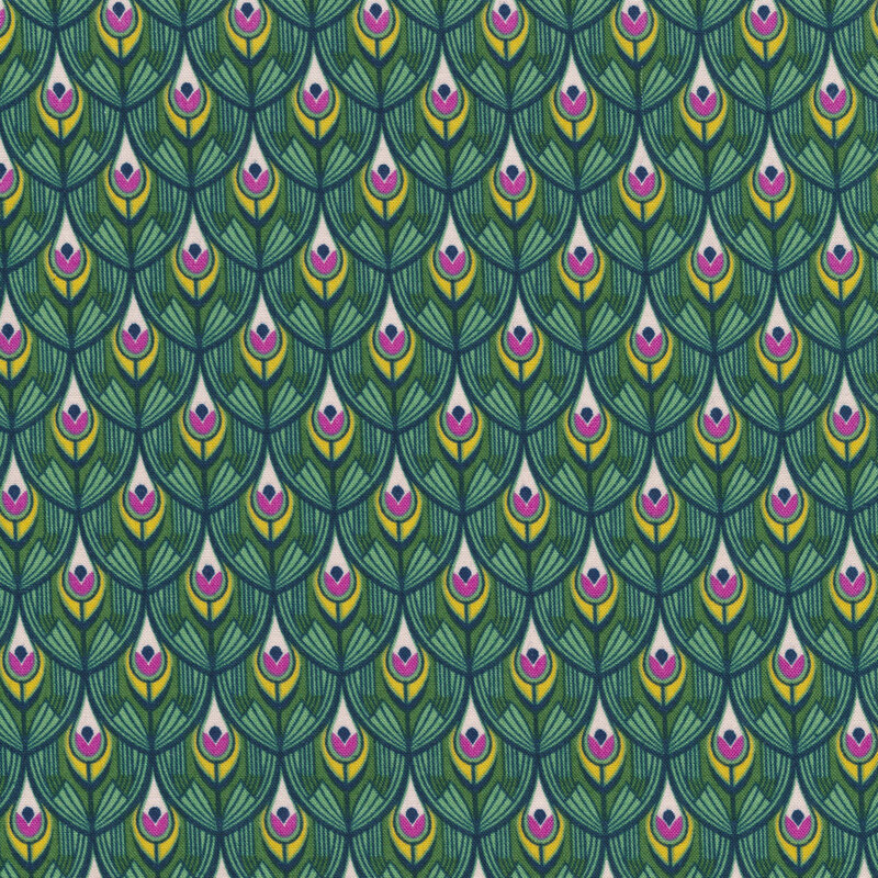 funky fabric featuring a scalloped peacock feather design in green, teal, purple, and cream