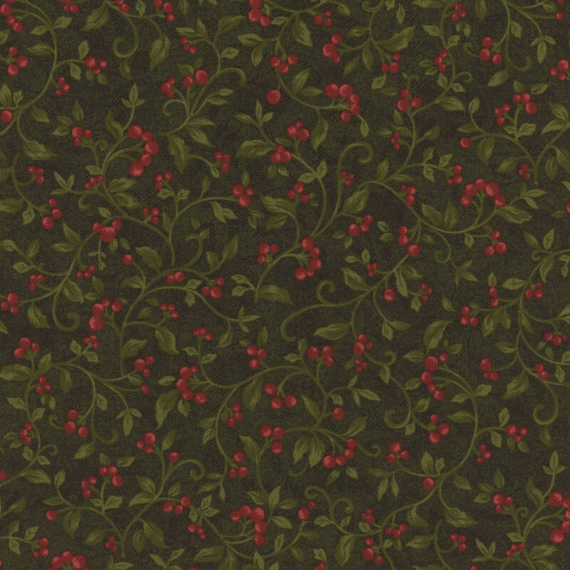 Green fabric with swirly vines with red berries.