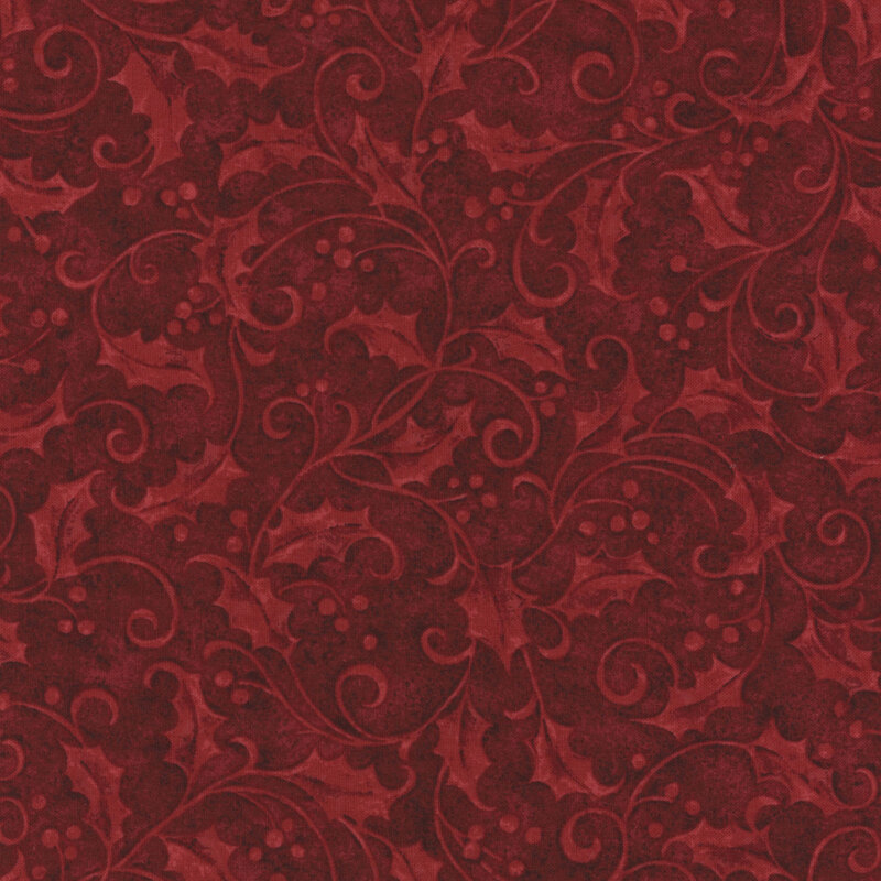 Red fabric with a tonal pattern of swirly vines and berries.