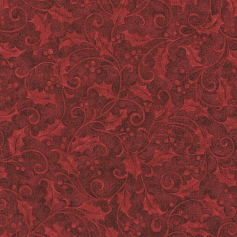 Red fabric with a tonal pattern of swirly vines and berries.