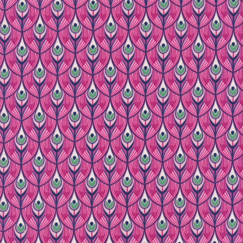 funky fabric featuring a scalloped peacock feather design in pink, magenta, cream, and turquoise