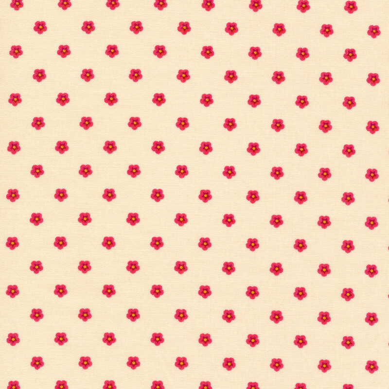 cream fabric featuring alternating rows of small red 5 petaled flowers