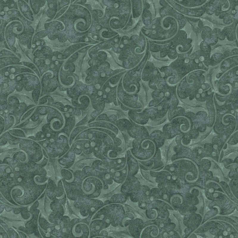 Aqua fabric with a tonal pattern of swirly vines and berries.