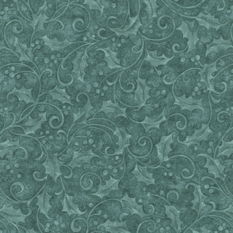 Aqua fabric with a tonal pattern of swirly vines and berries.