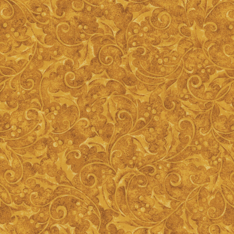 Gold fabric with a tonal pattern of swirly vines and berries.