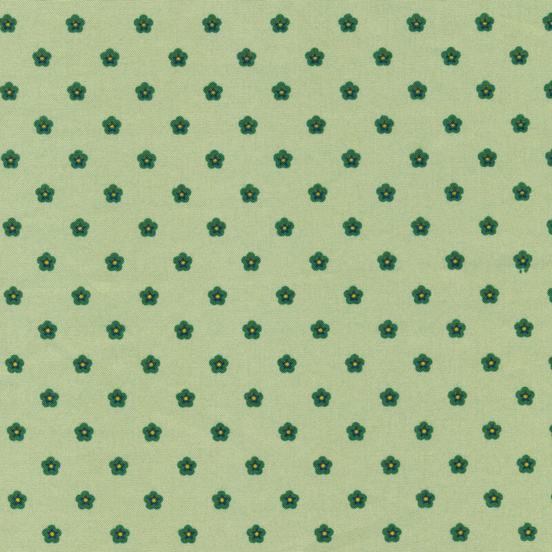 seafoam green fabric featuring alternating rows of small green 5-petaled flowers