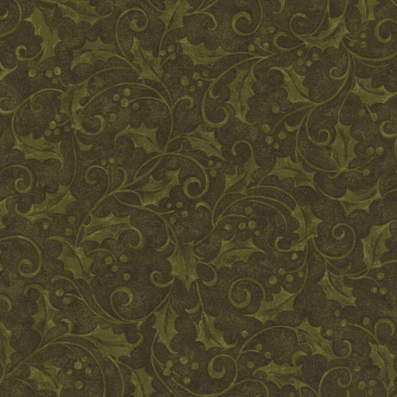 Green fabric with a tonal pattern of swirly vines and berries.