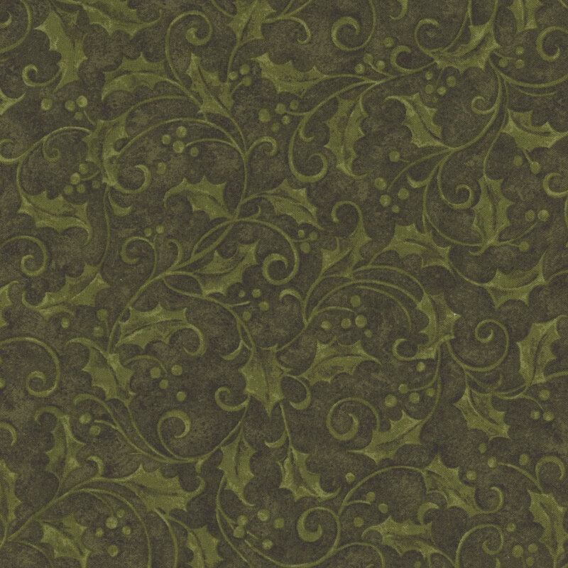 Green fabric with a tonal pattern of swirly vines and berries.