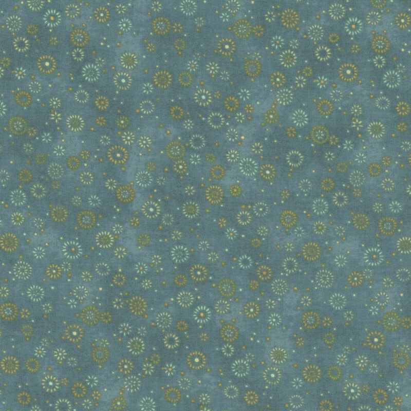 Aqua mottled fabric with little yellow color bursts.