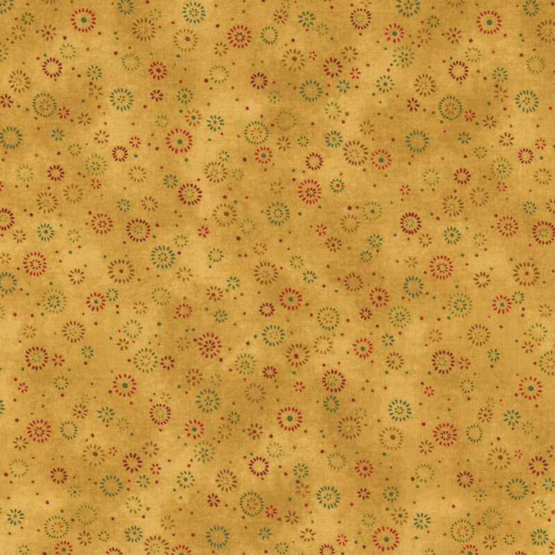 Yellow mottled fabric with little color bursts.