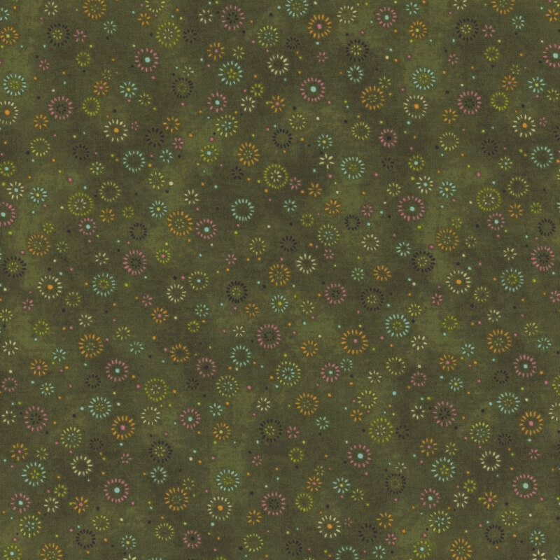 Deep green mottled fabric with little color bursts.