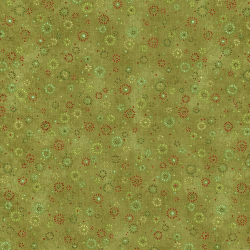 Green mottled fabric with little color bursts.