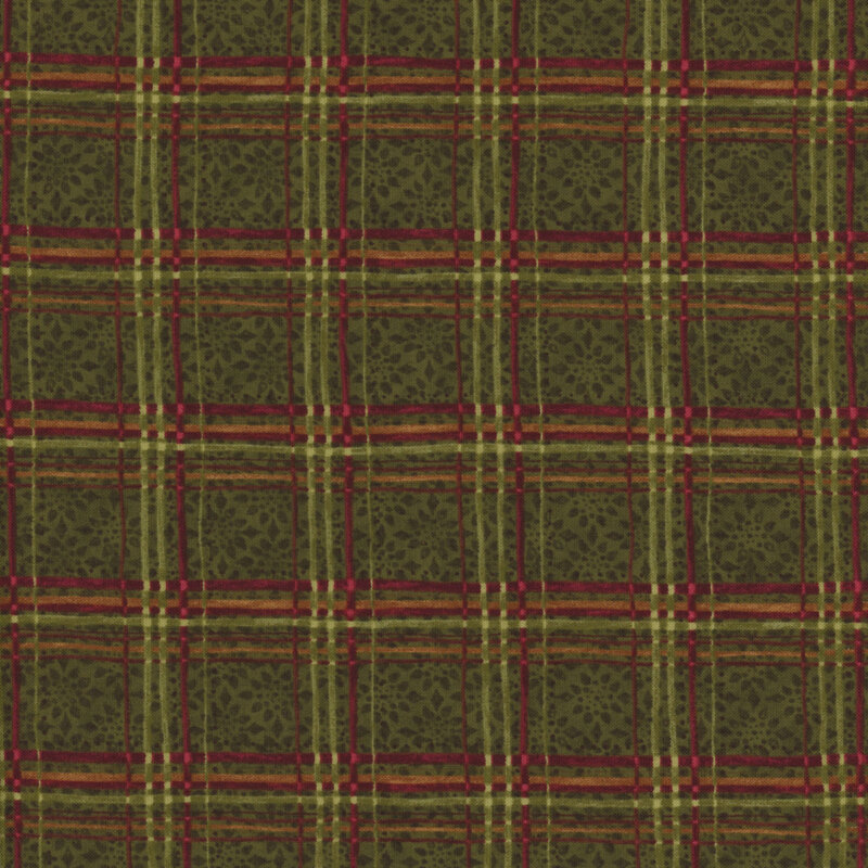 Red and gold plaid on a green background with a tonal snowflake pattern.