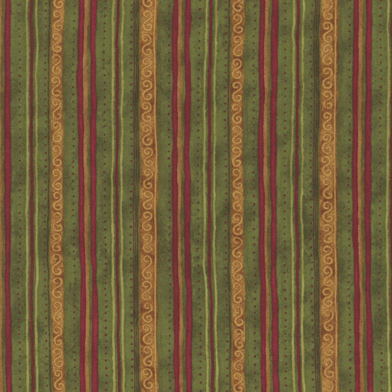 Varying red and gold stripes with small embellishments of scrolls and dots on a green background