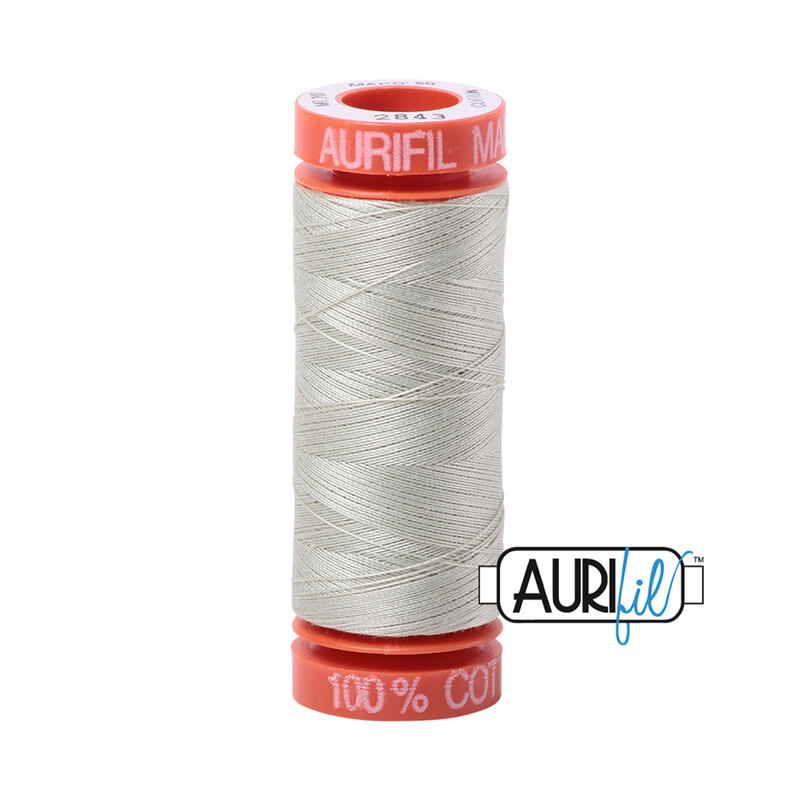 Light Grey Green thread on an orange spool, isolated on a white background