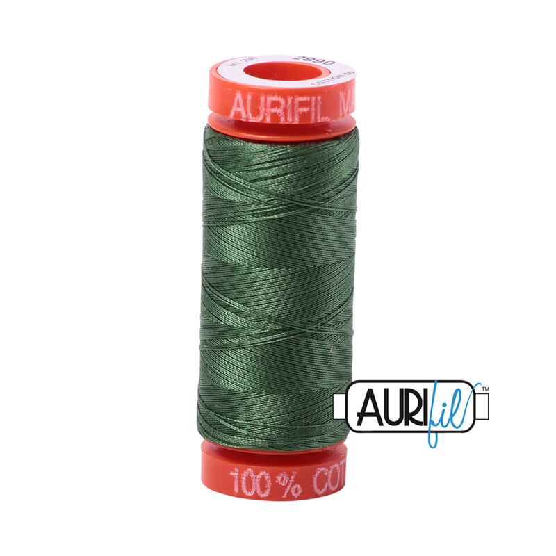 Very Dark Grass Green thread on an orange spool, isolated on a white background