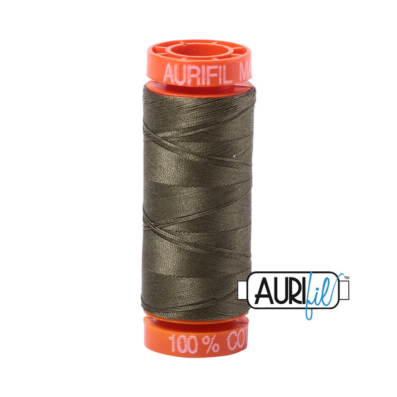 Army Green thread on an orange spool, isolated on a white background