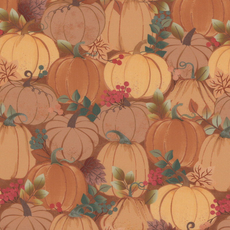 fabric featuring pumpkins and leaves on a burnt orange background