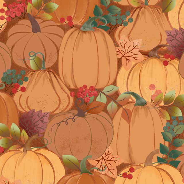 fabric featuring pumpkins and leaves on a burnt orange background
