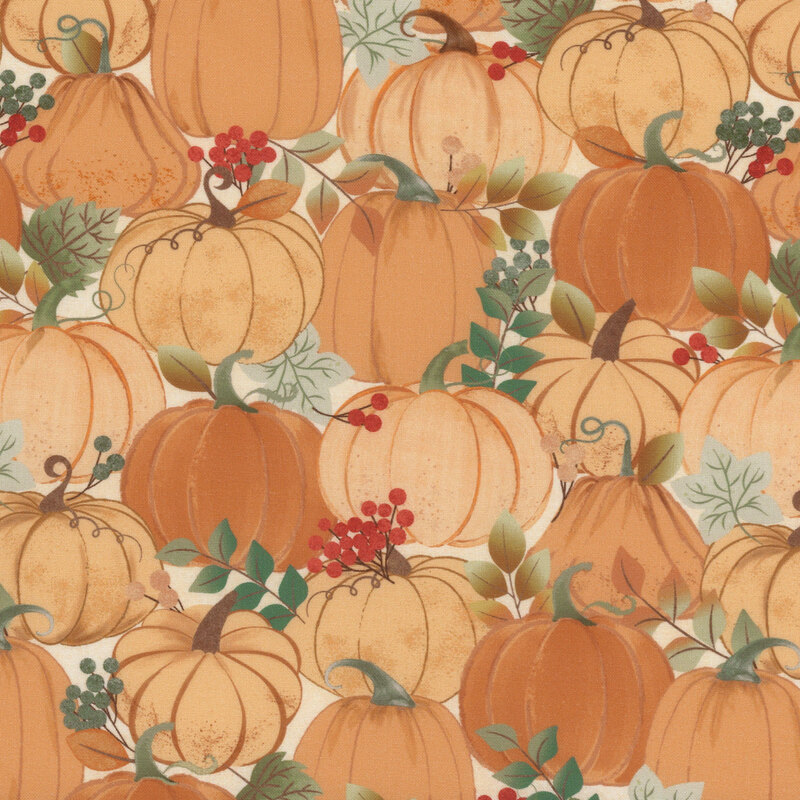 fabric featuring pumpkins and leaves on a white background