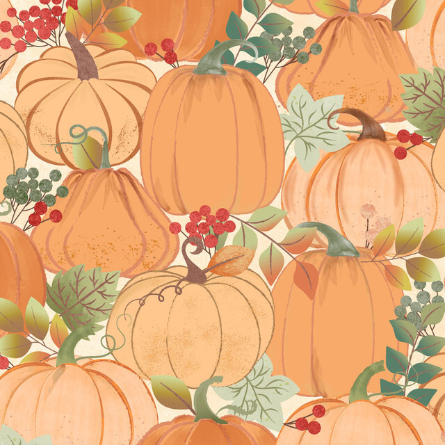 fabric featuring pumpkins and leaves on a white background
