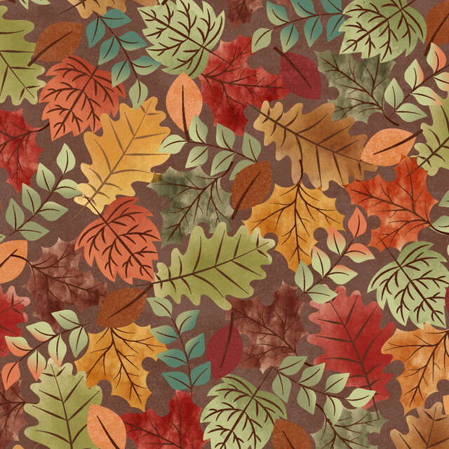 fabric featuring colored leaves on a brown background