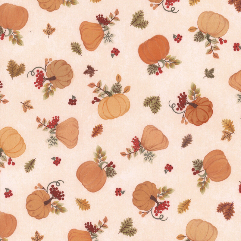 Cream fabric featuring tossed pumpkins and leaves