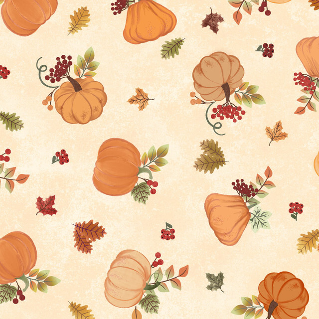 fabric featuring tossed pumpkins and leaves on a cream background