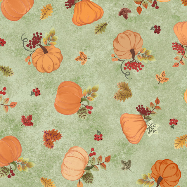 fabric featuring tossed pumpkins and leaves on a light green background