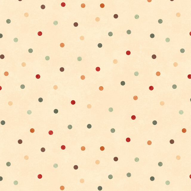 fabric featuring colored polka dots on a cream background