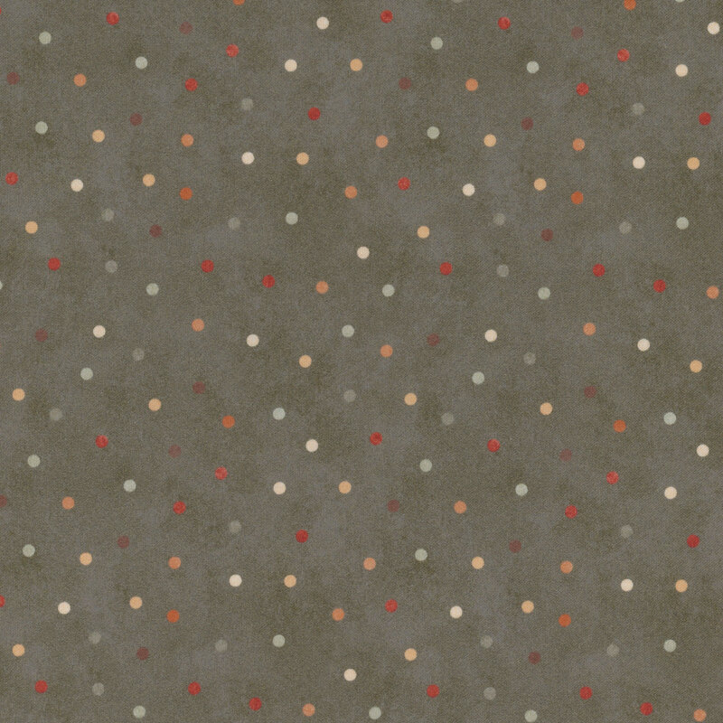 mottled dark sage green fabric featuring colored polka dots