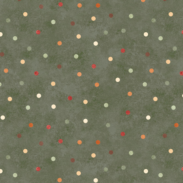 fabric featuring colored polka dots on a green mottled background