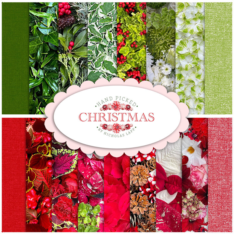 Collage of the green and red floral fabrics included in the Hand Picked: Christmas collection.